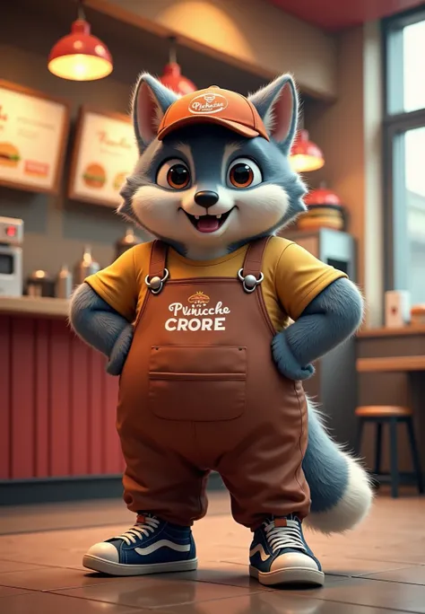 photorealistic full body portrait of Dressed animals - a ((fat)) (baby wolf) fast food worker,(art by Giuseppe Arcimboldo),(happy smile:1.5),(furry), high quality,(lovely) hands on hips,, (Wearing fast food shop uniform) , (wearing apron and shirt with log...