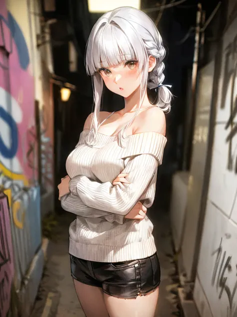 (Japanese girl standing in a dirty back alley at night, graffitied wall:1.3, Sexy pose), ((White knit sweater, Off the shoulder, Black shorts)),  (Pale skin:1.2), ((Gray Hair, Braid, Blunt bangs)), (Lips parted:1.3), thigh, graffiti:1.5, trash can, at nigh...