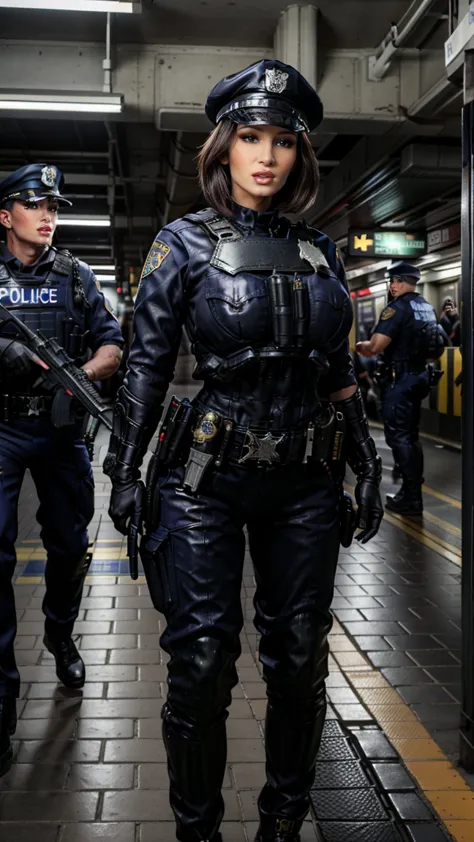  ,high definition,high resolution,Ultra-realistic,8K, masterpiece,High detail , police Swat Women, brown longbob Hair, Brown Eyes, police hat,dark blue Body leahter Suit, Body armor, big breasts, dark blue trousers,belt, black boots, standing in a subway S...