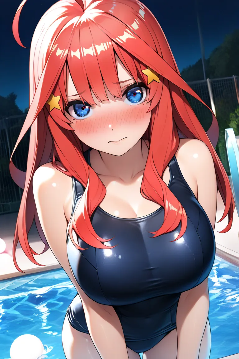 1girl,nakano_itsuki, blue eyes, red hair, long hair, ahoge, star hair ornament, school swimsuit, JK, (masterpiece:1.3),(ultra detailed:1.3),(best quality:1.3),(extremely detailed CG :1.2), (detailed beautiful eyes:1.1),(super detailed skin:1.2), (perfect a...