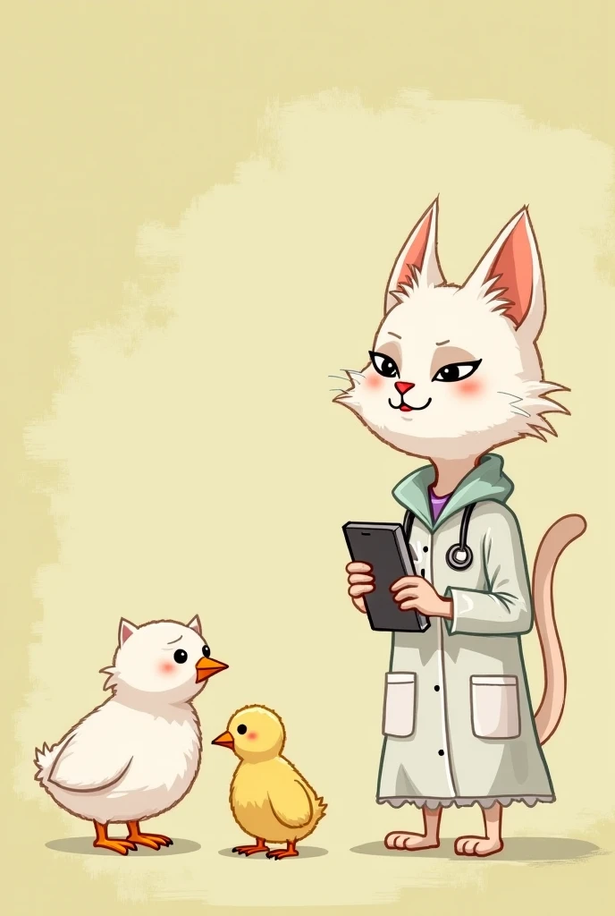 "Expand the scene further: After noticing the sick white chick and the distressed white hen, the compassionate white cat decides to help by calling a veterinarian. Illustrate the cat using a phone or signaling for assistance, while the white hen watches wi...