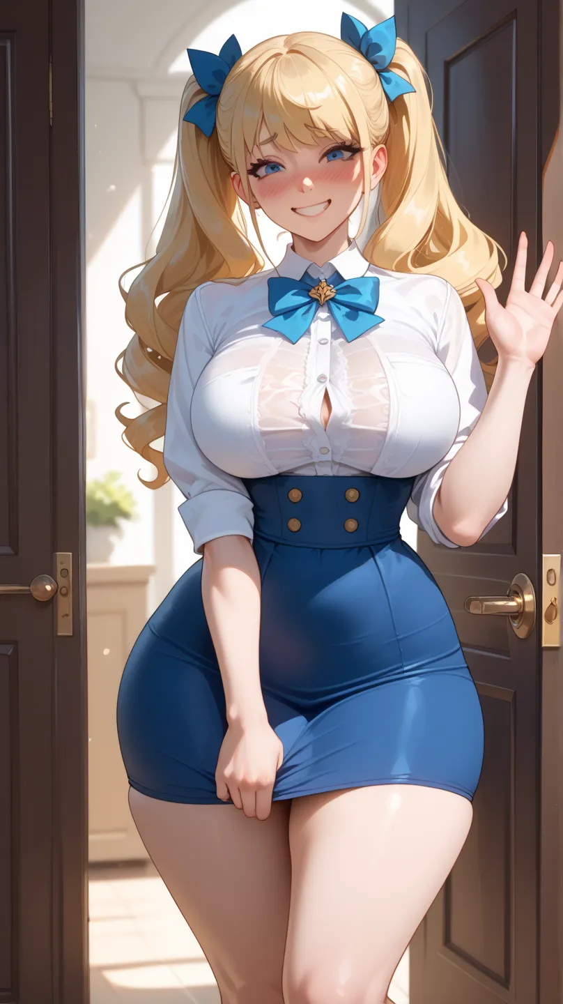 score_9, score_8_arriba, score_7_ 1,  a blonde girl  (pigtails with blue bows),  white shirt ( talleed ), blue skirt, long hair,  breasts, blush, throw, big ass, big breast, wasp waist with wide hips, High resolution, with a nervous face, In an open door, ...