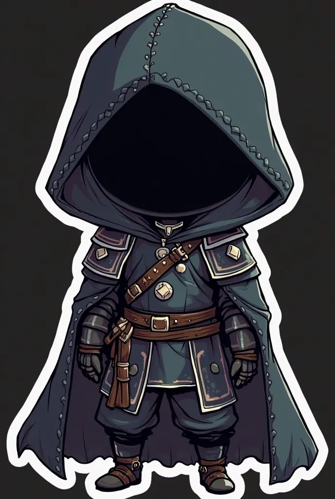 2D CUTE ANIME STYLE STICKER CUTE CHIBI WARRIOR dark cloak with a black leather armor, full body , big head , small limps , best quality, black background, face shadowed under the hood