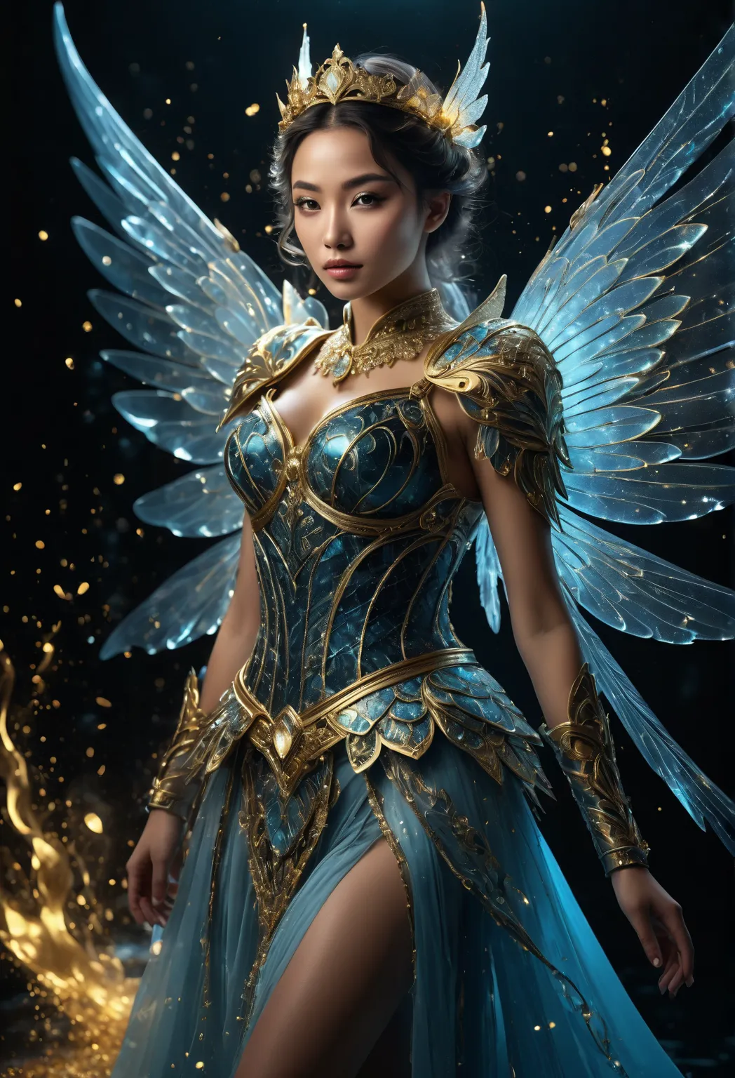  ethereal blue glow ,  sensual buxom icy fairy ,  wings made of ice ,  surrounded by translucent ,  with ice icebergs on calm, bubbling water,  remote mountain peaks ,  filigree details on wings ,  detailed couture costume ,  ornate armor belt, Crystallcor...