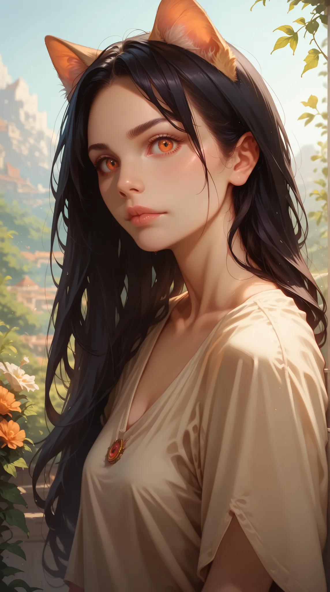  1 girl,long hair,black hair, orange_Eyes,Do cats have ears,photorealistic quality,detailed,high resolution,picturesque lighting, atmospheric environment,blurred background,Fine details,photorealistic rendering,bright colors,dramatic contrasts