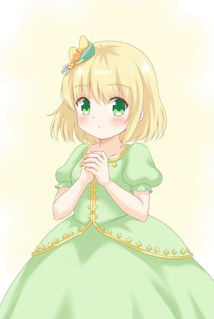 ((Photo)) Wallpaper Nanatzu no Taizai,   girl, with medium-short hair Blonde, with emerald green eyes, Wear a pastel green princess dress with pastel gold decorations and a small ribbon on the pastel green head right side of the hair.