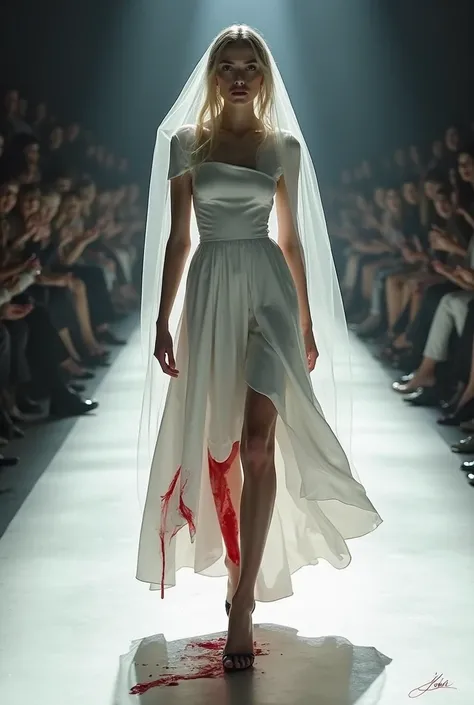 a model with blood on her skirt walking into the camera at a fashion show, solo, dress, hands on hips, veil, blood, 1girl, blood on clothes, white dress .