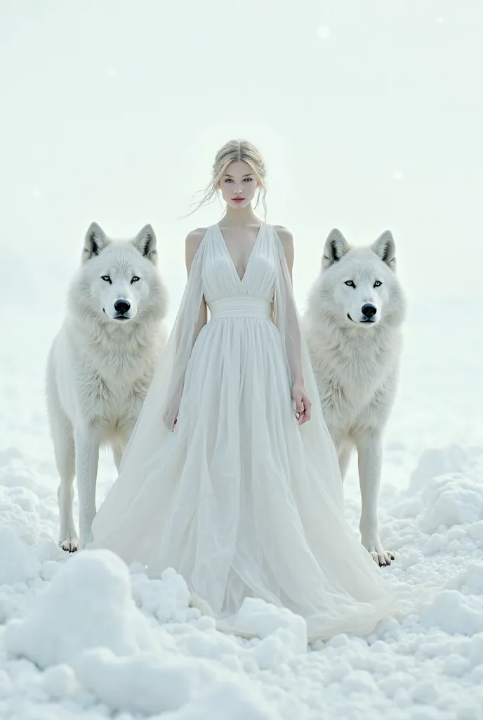 Generate a pic of woman wearing white full covered dress standing along two white wolfs of her height