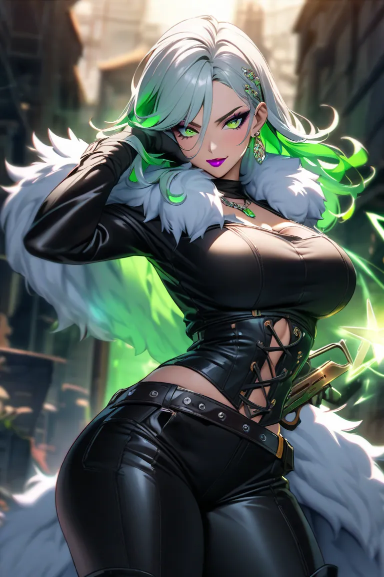 A women with green and silver hair and jewels in hair and cool earrings andhas makeup and eyeliner and lipstick and a outlaw outfit with a cool fur cape with fur around neck  and overlord boots and has guns on waist and a energy sword in hand and has glowi...