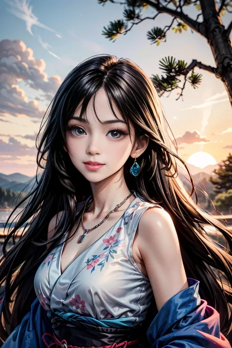 intense ink painting, young Japanese woman, Perfect face , perfect style, long black hair with waves, beautiful brown, slender eyes, Cute Face,  beautiful pink lips , white and blue sleeve dress, Silky,  look at me and smile, earrings, necklaces, illuminat...