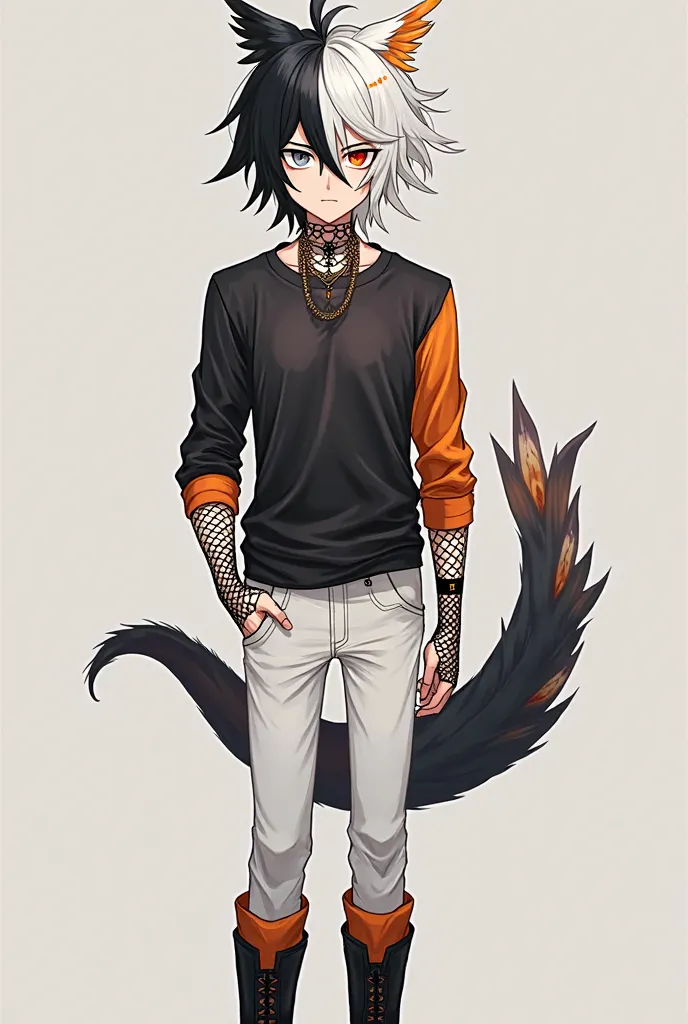  Anime style posts. A very attractive young man , But serious with half black and half white hair, With heterochromia, one eye Gray and the other Orange, And some BLACK MARKS under his eyes along with a casual black shirt, and a black sweater with orange s...