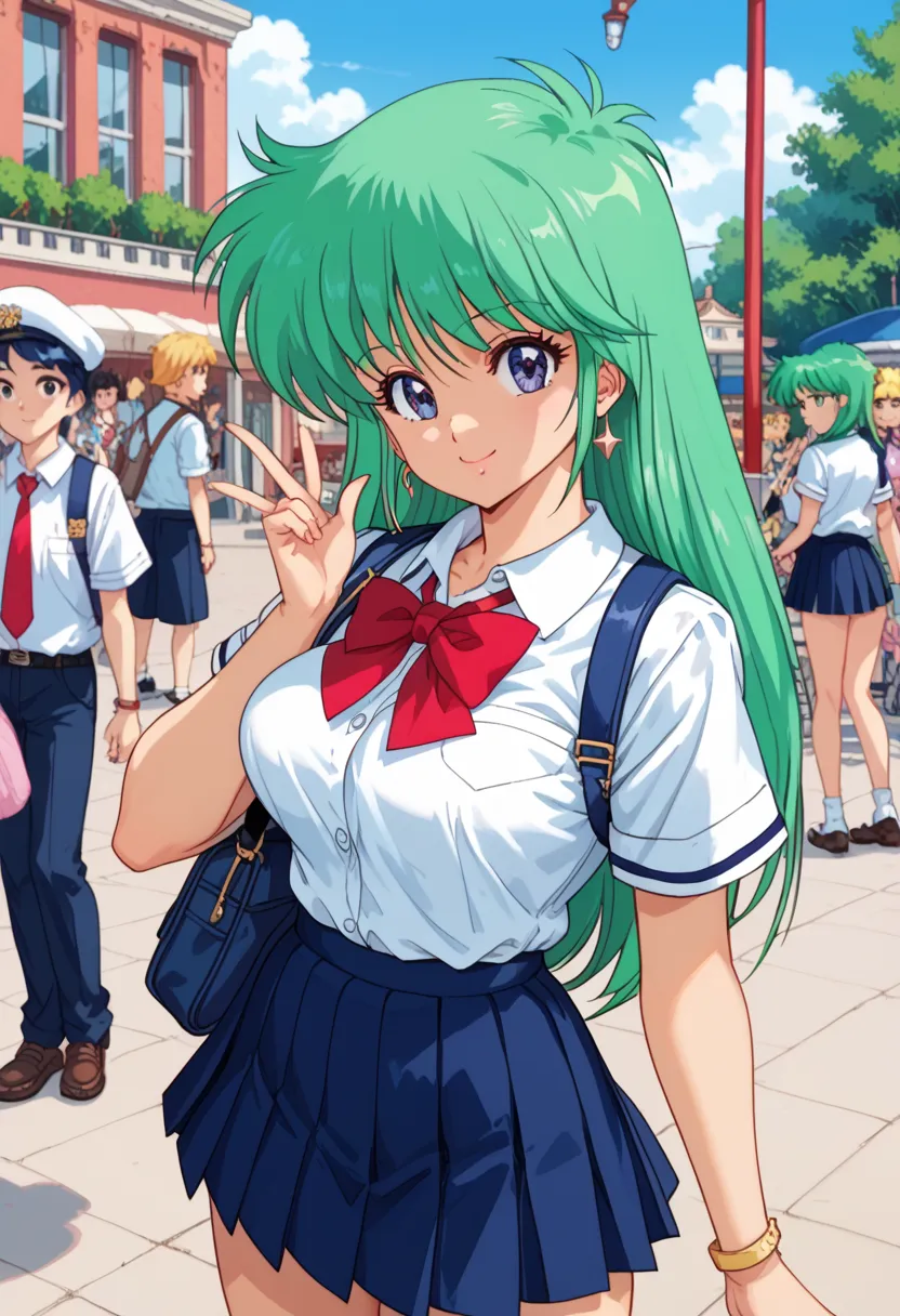 Highest quality,masterpiece,(anime screencap:1),(shape), cute,(Simple:1), (anime:1.2),Solo Sharp Focus, One person,green hair,middle hair,Schoolgirl uniform,Short sleeve,Large Breasts,smile,anime,junior highschool girl,glamorous,curvy body,perfect hands,pe...