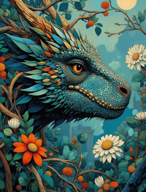 The eye of a dragon looking out of a dense thicket. Stylization. Intricate details, bright colors, surreal art, fantasy, digital painting, high detail, spectacular lighting, Art Nouveau elements, ornaments, leaves, blue and gold accents, mysterious, elegan...