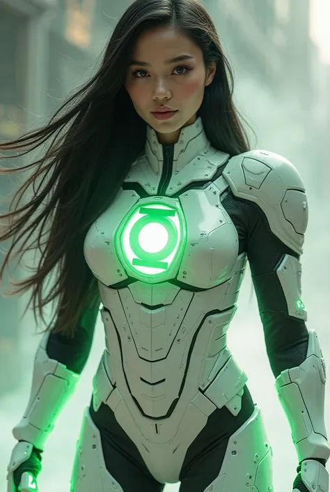 Levitating body, a beautiful girl with long straight black hair, wearing a white warhammer 4K power armor, transparent glass armor, green lantern logo in chest. 