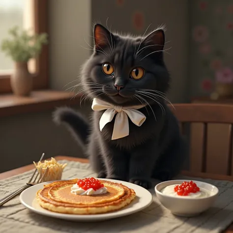 "Realistic photo of a fluffy black cat with a white ribbon around his neck , who looks with interest at a plate of very thin golden pancakes. Next to the plate is a platter with sour cream and a second platter a dish with red caviar. In the background ther...