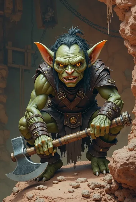 Create a goblin with pale dark green skin.The goblin wears a dark leather lumbar and a leather belt with a small round flap, which is half filled with a shimmering blue liquid. On the chest, he wears leather straps put together with a simple chest protecto...