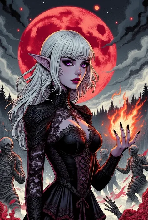 (ultra-detailed face,  looks away,  Gothic illustration ,  dark tones of . She has five fingers and five toes.), BREAK 
(The scene shows a woman, looking straight to the sky from the ground to her feet. The night sky is grey and black with the red moon ris...