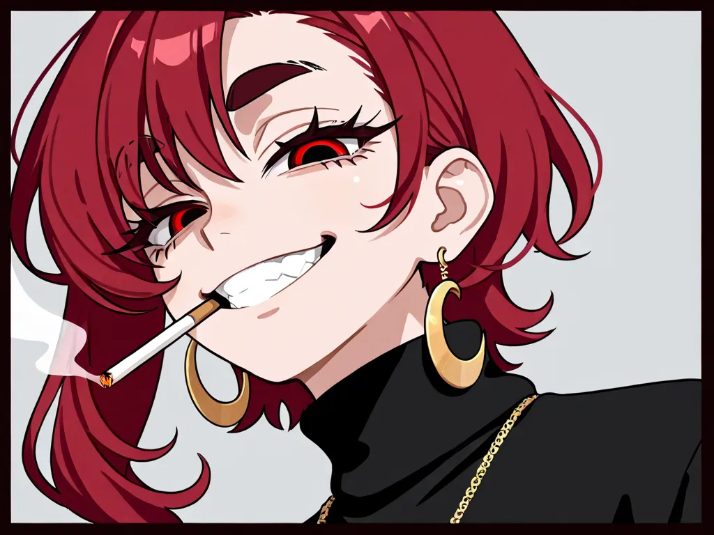 1 person

red hair
Blow it out
Wolfcut
long curtain hair
wavy hair
Middle
asymmetrical hair
Pull out your right ear

red eyes　
smiling
droopy eyes　
thick eyebrows
Lots of eyelashes

Having a cigarette
I'm wearing large golden crescent earrings on both ears...