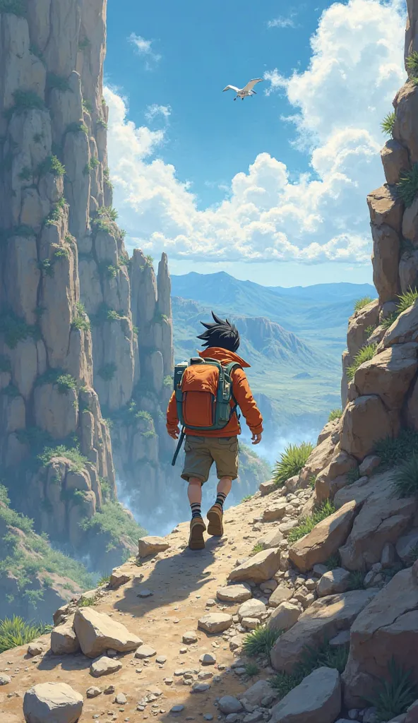 "Satoshi carefully navigates through the rugged landscape, stepping over loose stones and jagged rocks. The wind howls around him, whipping his jacket as he climbs higher up the cliffs. Towering rock formations rise on either side, and in the distance, a v...