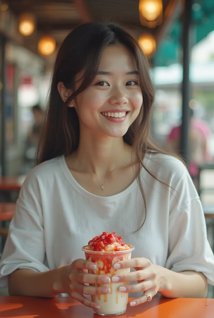 In a movie scene, a 24-year-old Thai Chinese woman wearing a loose-fitting white T-shirt with small breasts sits eating a dessert containing red syrup and sweetened condensed milk with ice. She smiles happily in a street shop.