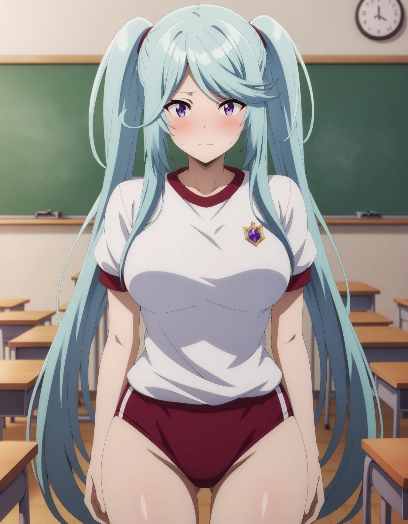 masterpiece,best quality,{{detailed beautiful face and eyes}}, very detailed background,
Epsilon,{{{megami magazine}}},long hair,twintails,blue hair,purple eyes,sidelocks,large breasts,
gym uniform,red buruma, white shirt, short sleeves, thighs,
1girl,(is ...