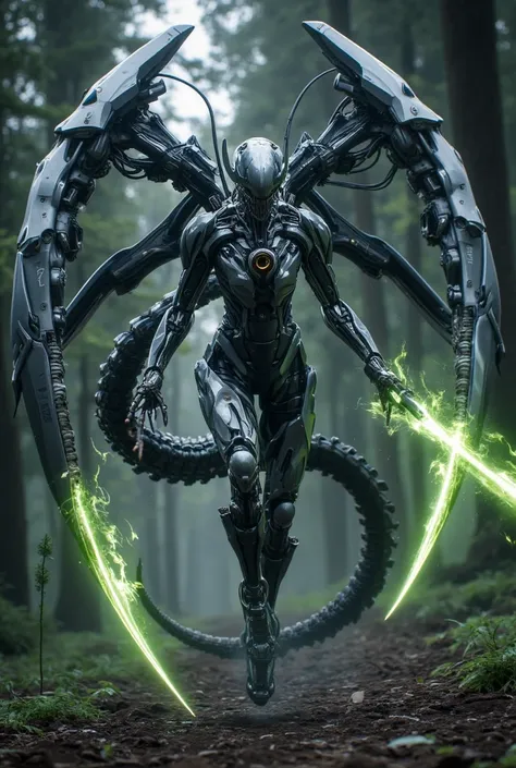 Xenomorph-type battle pod, large optical weapons mounted on both arms, bipedal walking weapon, long legs and tail made up of multiple joints, monocular-like optical sensor in the center of the pod, mechanical mold, metallic reflective light, running throug...