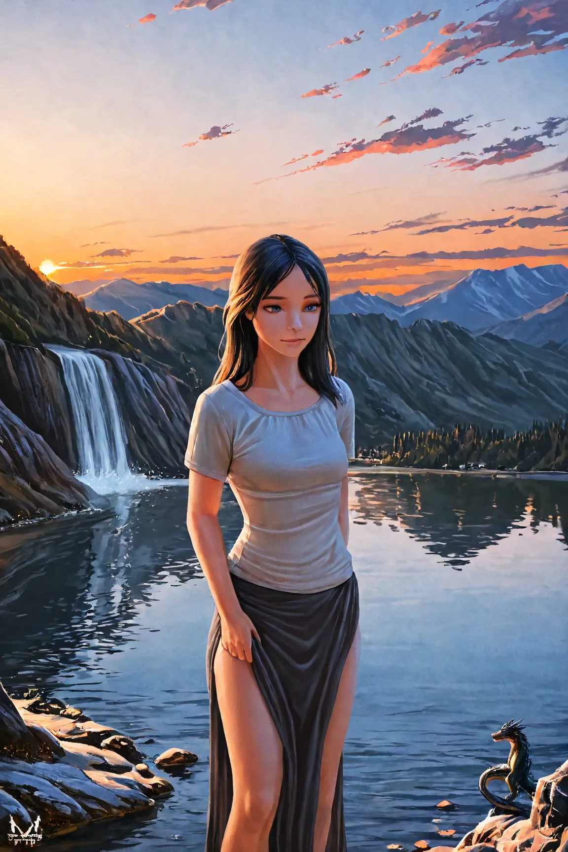 Tall, dragon, silver scails, blue eyes, black hair, sunset, anthro, female, high quality, realistic, beautiful, comfortable clothes, modern, small town, mountains in background, lake, waterfall, anthro, solo figure, human form