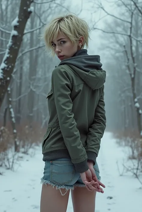 slender tall woman wearing casual winter clothes, view from behind, hands handcuffed together behind her back, shorts, winter landscape, she is looking behind her, short blonde messy hair