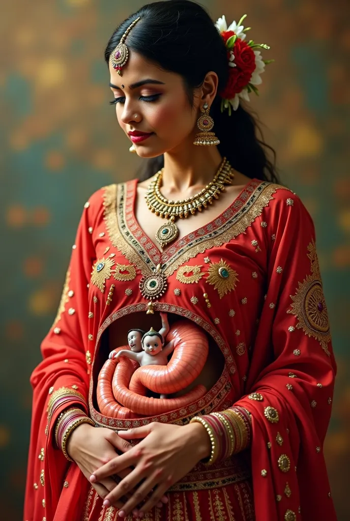 A beautiful silm Indian young adult queen wearing a royal traditional dress with her abdomen exposed and she has tiny humans inside her digestive system  and she loving the way those tiny humans squirming around the inside  of her stomach 