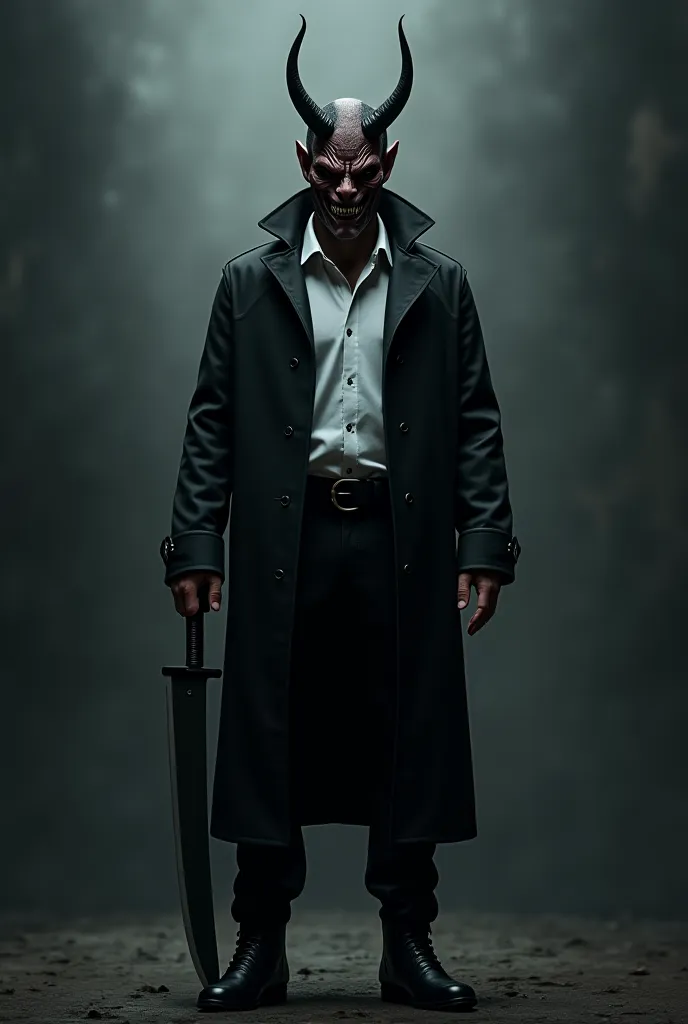 an adult man wearing a black overcoat and a white shirt with black pants and black boots and a devil mask and holding a machete, in real life