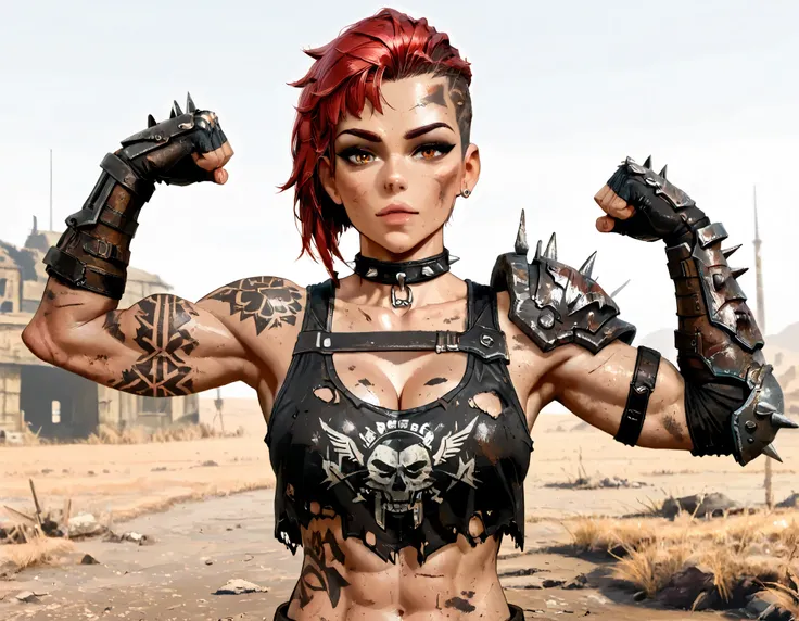 (((whole body))), master part, best quality , super detail beautiful woman, whole body, redhead Asymmetric Undercut Haircut hair, redhead punk girl, post-apocalyptic world, torn and dirty clothes, Asymmetric Undercut Haircut, sides of shaved head, Clean fa...