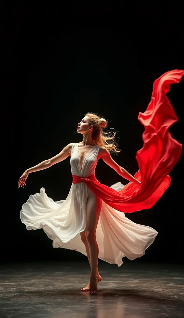 A graceful female dancer striking an elegant pose on a stage with a deep black background. She is wearing a flowing white gown that blends seamlessly with vibrant red fabric, swirling dynamically as if caught in the wind, creating a dramatic effect. Her lo...