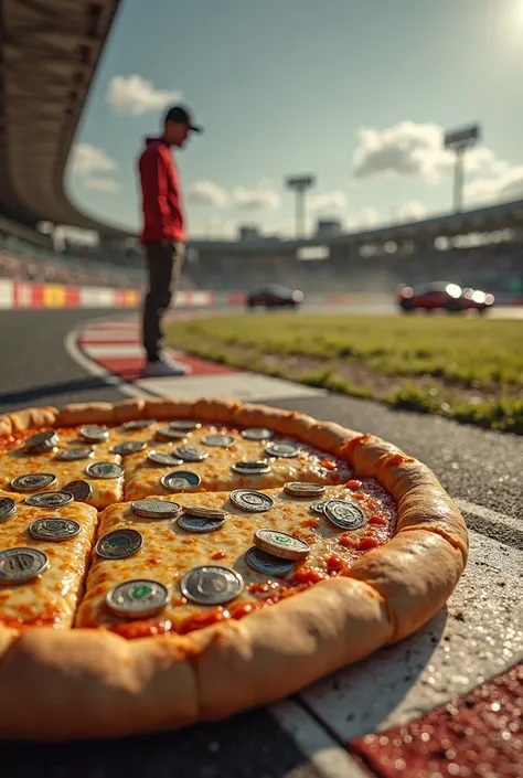 Please create me a picture which shows Dollar dates in big text and the background a golden pizza with dollar bills as toppings, placed on a racetrack with a luxury car speeding toward it, while a struggling figure watches from the sidelines.