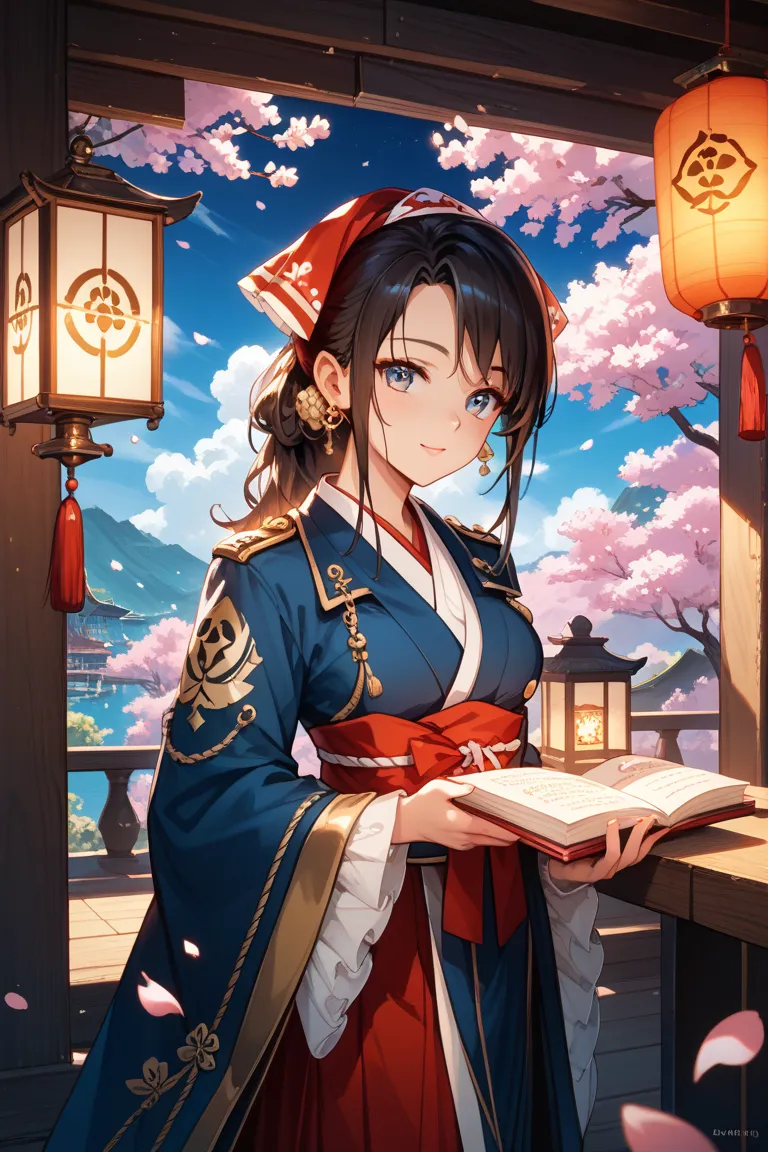 A mysterious and beautiful female pirate captain walking beneath a canopy of glowing cherry blossoms at night. She holds a softly glowing lantern, illuminating her confident yet serene face. Her pirate outfit is adorned with delicate gold embroidery, refle...