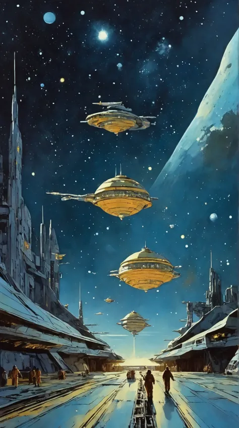 Moebius (Jean Giraud) Style - A picture by Jean Giraud Moebius, Spaceship taking off towards deep sky, Impressive retro-future Spaceship, galaxy, Distant nebulas in the background. In Moebius' signature style with sharp detailing and vibrant colors. Shot w...