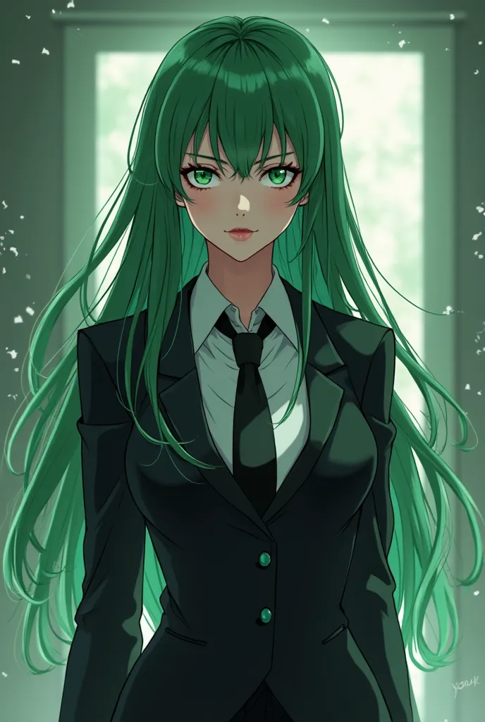 An anime full view picture. A young beautiful woman with long messy locks of green hair and emerald green eyes with dark eyeshadows dressed in a Three-piece black business suit.