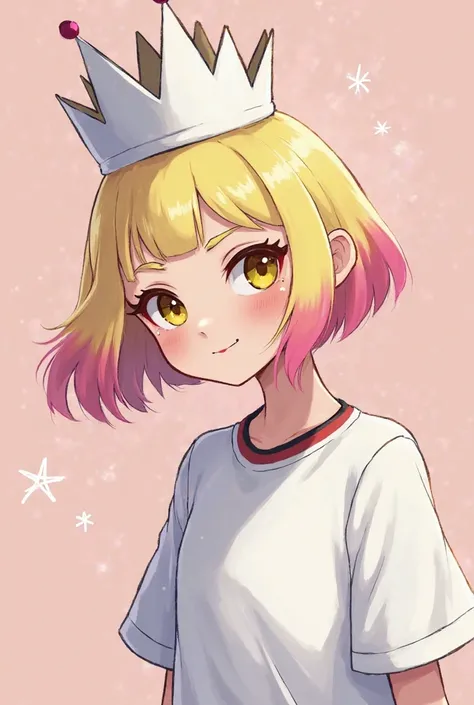 She is a 145 cm tall woman wearing a white crown in Squid rapper from Splatoon 2。Light yellow hair, pink tips, princess cut, short hair, bangs above eyebrows, round eyebrows, white jersey, arms free。1 girl, My eyes are gold。