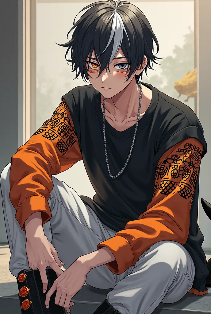  Anime style posts. A very attractive young man , But serious with half black and half white hair, With heterochromia, one eye Gray and the other Orange, And some BLACK MARKS under his eyes along with a casual black shirt, and a Black SWEATSHIRT with the o...