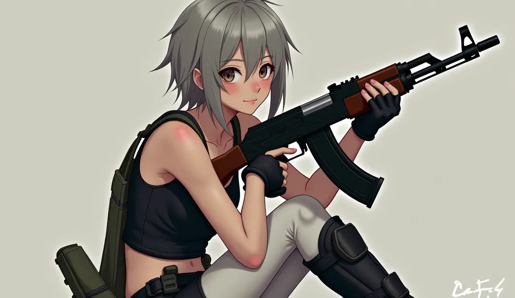 girl,  realistically  ,  ash hair, careless tails, black top, easy tactical unloading, ak-74,  white stockings, black knee pads, black boots, looks tenderly at the viewer,