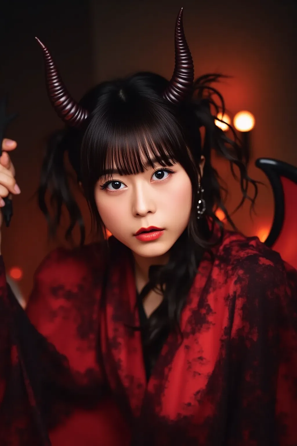 「A portrait of a Japanese woman dressed as a devil, with devil horns on her head, demon wings on her back, and holding a trident in her right hand. She has a confident and mysterious expression, with fiery, dramatic lighting enhancing the demonic theme. Th...