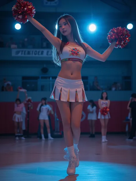 ((cheerleader))、Cheer Dance、cheerleader衣装、Flower Ball、Pom-pom、pretty feet in the dark castle、 background gymnasium 、20 years old、woman, cute、super detailed,(((realistic, photo realistic, photo-realistic:1.37))), high definition ,超 high definition , Studio ...