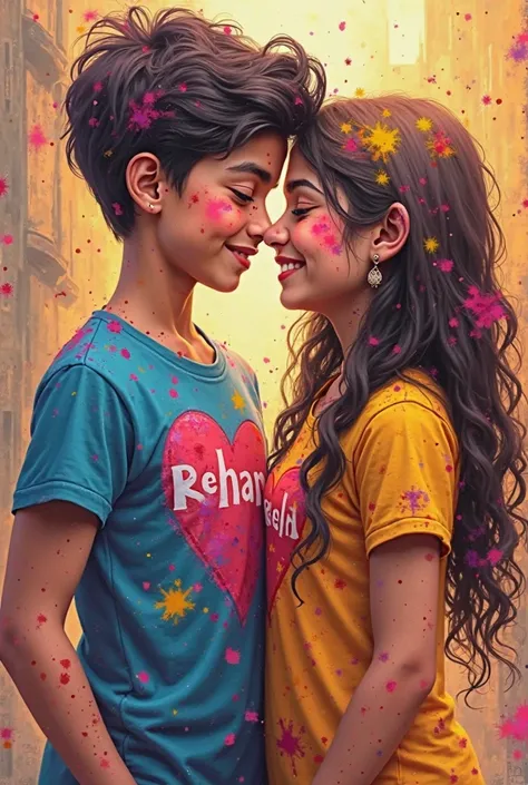 A loving couple is Holi and the name of the boy is written on his T-shirt and the name of Rehan is written on the T-shirt of the girl and Neha is written on it. 3d art painting realistic photo with high resolution”.