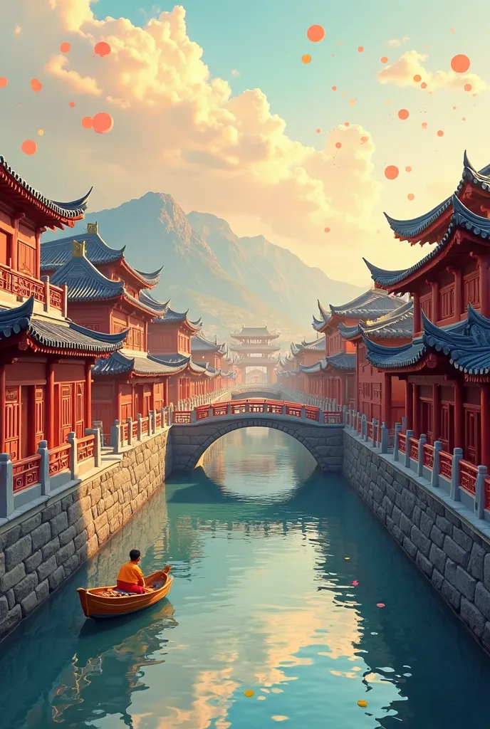 a cartoon illustration of a CG scene of the bustling ancient city of Beijing，I want to overlook，There must be a canal that doesn't account for much of the scene，The color should be warm，The building must be exquisite and clear