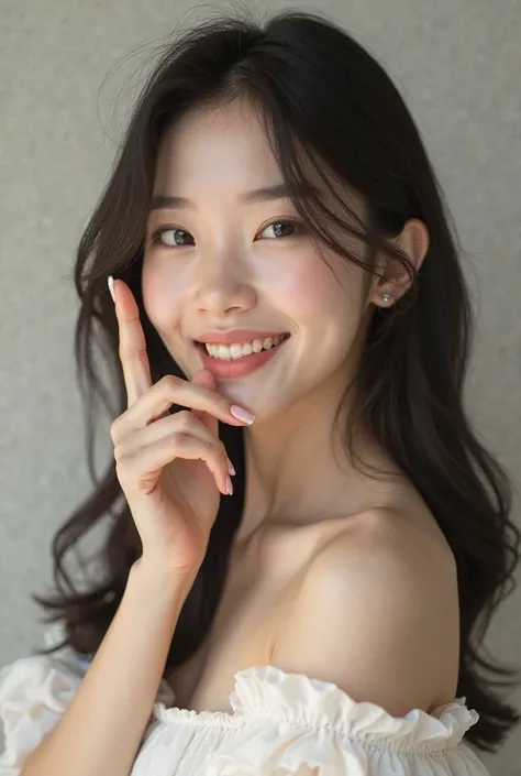 A Genetically Beautiful Korean Woman Is Posing Two Fingers While Smiling