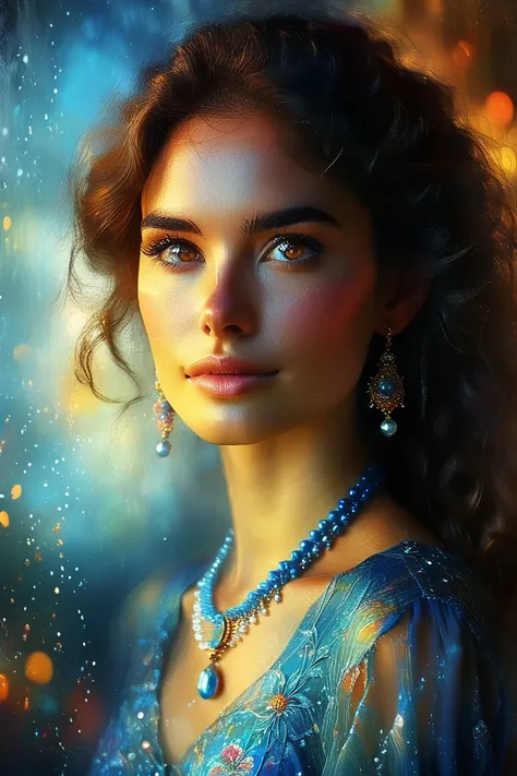 Slightly flowery background, portrait of a woman with a beautiful face, long slightly wavy brown hair, soft brown eyes, light smile, pretty blue dress and a pretty necklace of multicolored pearls, soft colors, hyper realistic: detailed matte painting :  Ep...