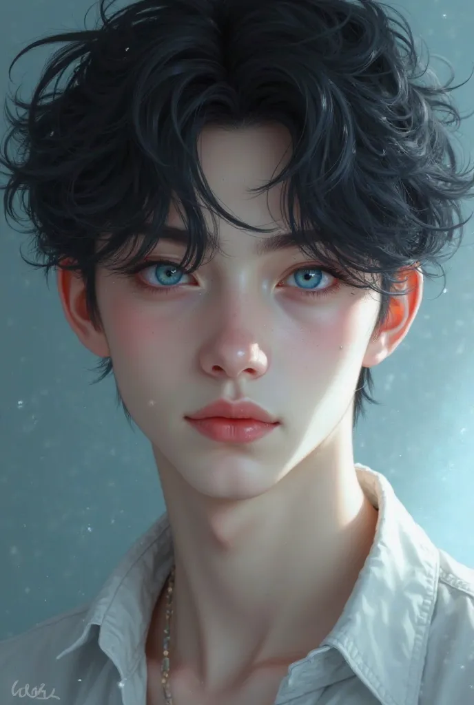 17-year-old man with fine features, angelicales black-haired,  milky skin, blue eyes. 