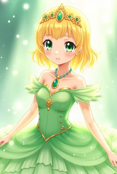 ((Photo)) Wallpaper Nanatzu no Taizai,   girl, with medium-short hair Blonde, with emerald green eyes, Dress up a pastel green princess dress with pastel gold decorations.