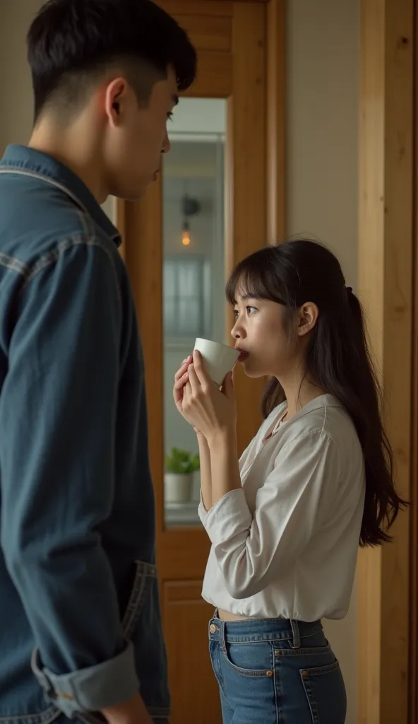  “The 30-year-old husband, a man with a tired and nervous face, enters the house. The 28-year-old woman with a cup of green tea in her hand, is gargling tea and silent. The man looks at her in surprise.»
