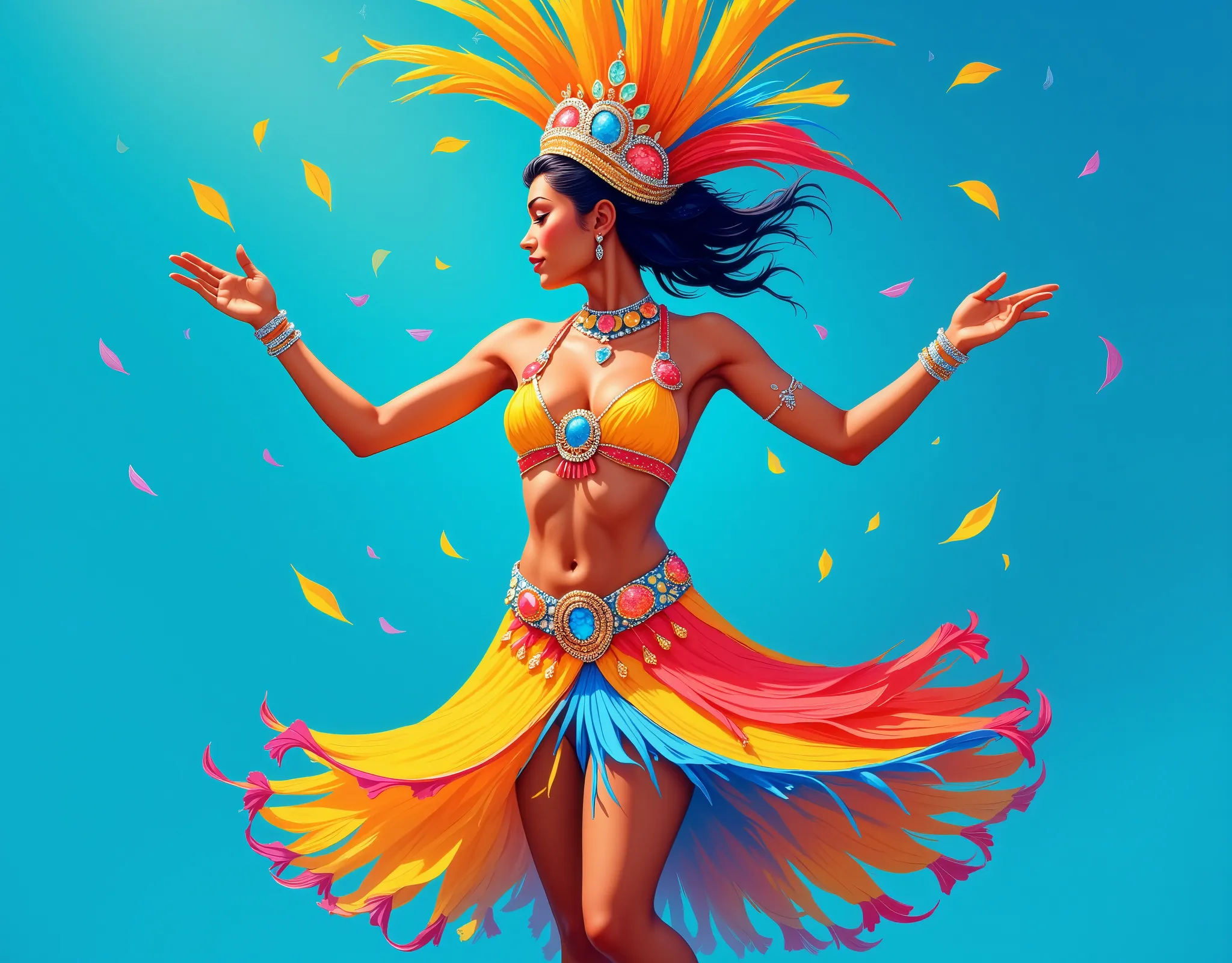 masterpiece, illustration,  vector art,beautiful samba dancer cartoon illustration,Brazil,woman in carnival costume dancing at the Rio parade,woman on abstract blue background, entertainment,Vector Flat,flat color