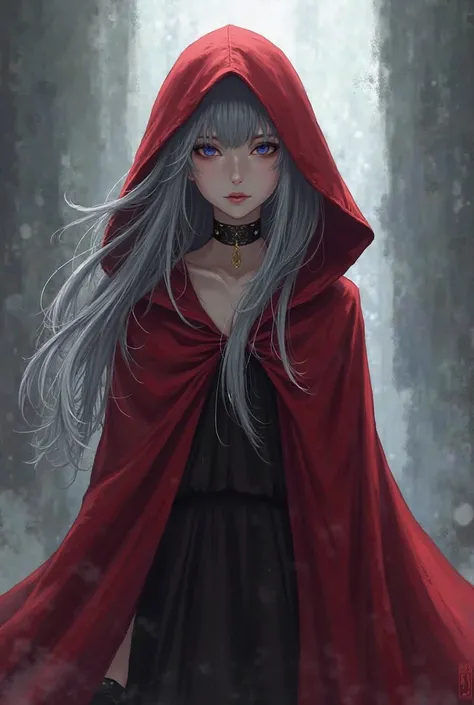 Red Cloak, Gray Hair, Symmetrical Hairstyle, Female Anime, No Hood